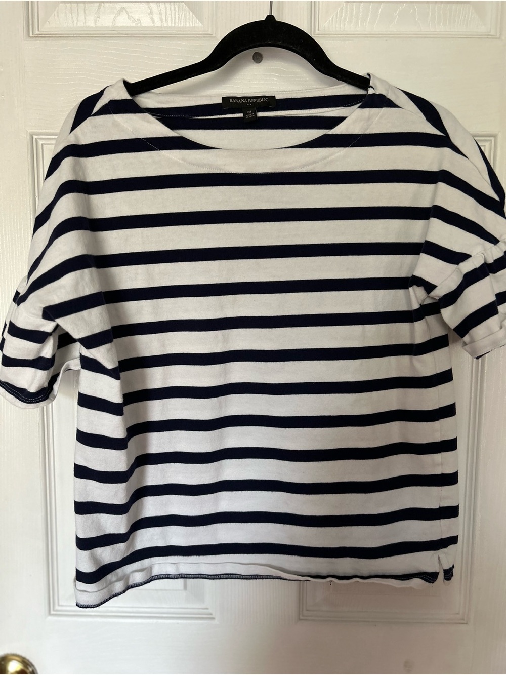 Banana Republic White and Navy Striped Short Sleeve Tee
